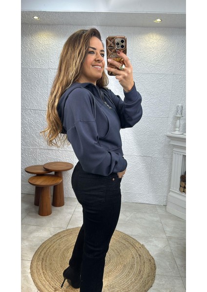 Fermuarlı Kapüşonlu Füme Crop Ceket