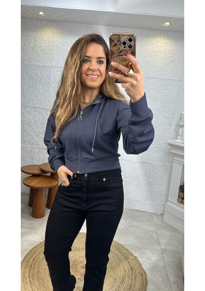 Fermuarlı Kapüşonlu Füme Crop Ceket modelleri