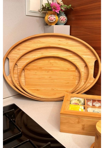 Sarı Bambu Oval 3'lü Tepsi Seti, Farklı Boyutlarda Şık ve Kullanışlı.