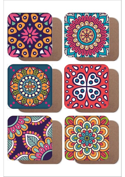 Renkli Mandala Desenli 6'lı Ahşap Bardak Altlığı Seti