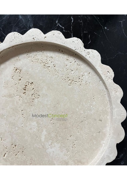 Doğal Traverten Yuvarlak Mermer Tepsi, Banyo Düzenleyici ve Sunum Tabağı, Kenar Detaylı