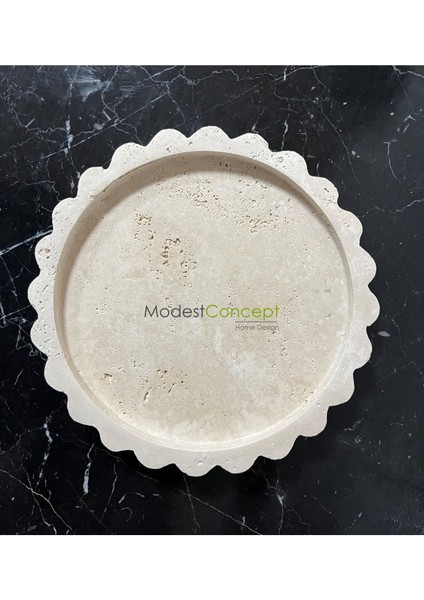 Doğal Traverten Yuvarlak Mermer Tepsi, Banyo Düzenleyici ve Sunum Tabağı, Kenar Detaylı