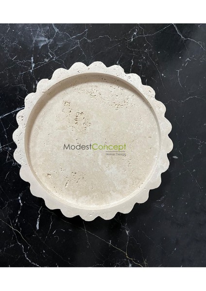 Doğal Traverten Yuvarlak Mermer Tepsi, Banyo Düzenleyici ve Sunum Tabağı, Kenar Detaylı