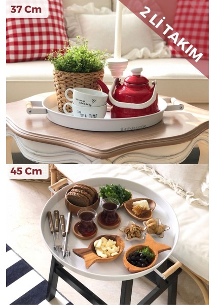 Iki Adet 45 cm ve 37 cm Ahşap Kulplu Beyaz Tepsi Seti fiyatları