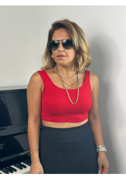 Çift Omuzlu Kırmızı Crop