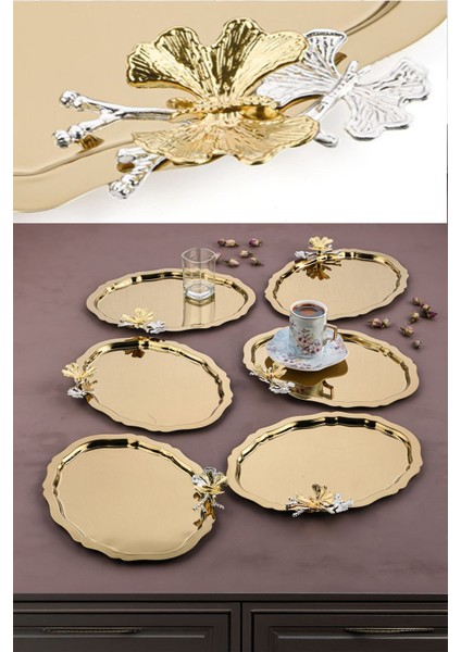 6 Adet Sarı Oval Kelebek Aksesuarlı Kahve ve Çay Servis Tepsisi 25X20 cm