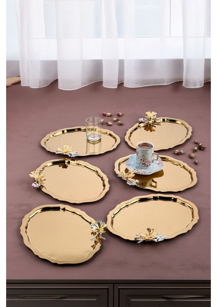 6 Adet Sarı Oval Kelebek Aksesuarlı Kahve ve Çay Servis Tepsisi 25X20 cm fiyatları
