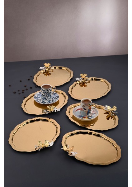 6 Adet Sarı Oval Kelebek Aksesuarlı Kahve ve Çay Servis Tepsisi 25X20 cm modelleri
