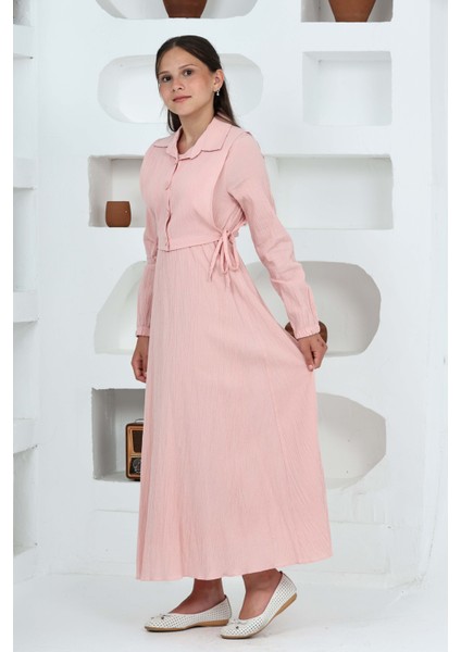 Kız Çocuk Uzun Boy Gofre Kumaş %100 Pamuk Jile & Elbise Iki Parça Takım – Astarlı Zarif SET-4948-ELB-0048