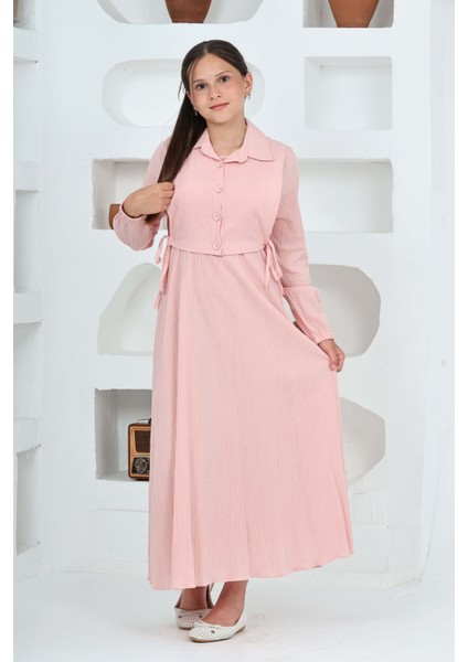 Kız Çocuk Uzun Boy Gofre Kumaş %100 Pamuk Jile & Elbise Iki Parça Takım – Astarlı Zarif SET-4948-ELB-0048