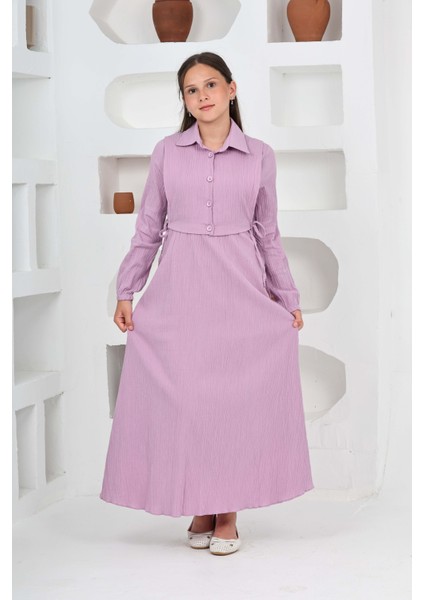 Kız Çocuk Uzun Gofre Kumaş Jile & Elbise Iki Parça Takım Tesettür Elbise – Astarlı Zarif SET-4948-ELB-2048