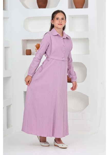 Kız Çocuk Uzun Gofre Kumaş Jile & Elbise Iki Parça Takım Tesettür Elbise – Astarlı Zarif SET-4948-ELB-2048 fırsatları