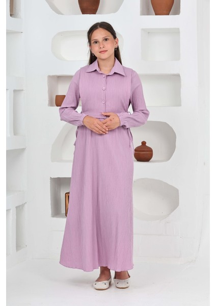 Kız Çocuk Uzun Gofre Kumaş Jile & Elbise Iki Parça Takım Tesettür Elbise – Astarlı Zarif SET-4948-ELB-2048 indirimleri