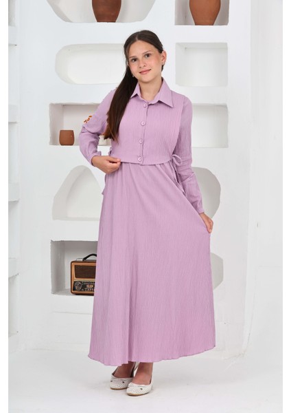 Kız Çocuk Uzun Gofre Kumaş Jile & Elbise Iki Parça Takım Tesettür Elbise – Astarlı Zarif SET-4948-ELB-2048