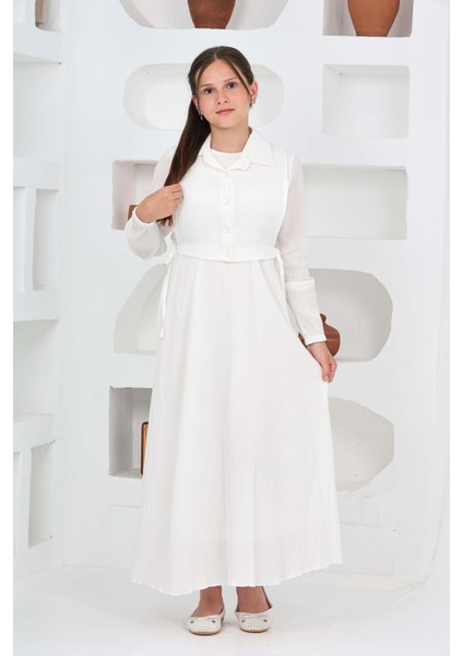 Kız Çocuk Uzun Boy Gofre Kumaş %100 Pamuk Jile & Elbise Iki Parça Takım – Astarlı Zarif SET-4948-ELB-0048