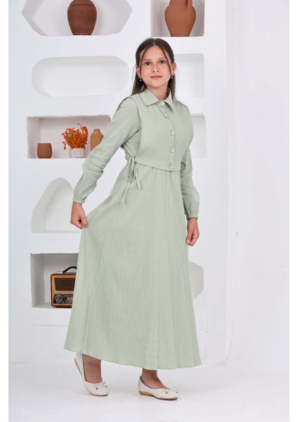 Kız Çocuk Uzun Boy Gofre Kumaş %100 Pamuk Jile & Elbise Iki Parça Takım – Astarlı Zarif SET-4948-ELB-0048