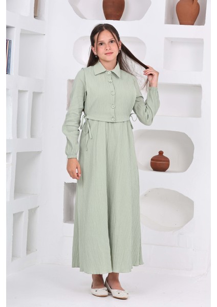 Kız Çocuk Uzun Boy Gofre Kumaş %100 Pamuk Jile & Elbise Iki Parça Takım – Astarlı Zarif SET-4948-ELB-0048 indirimleri