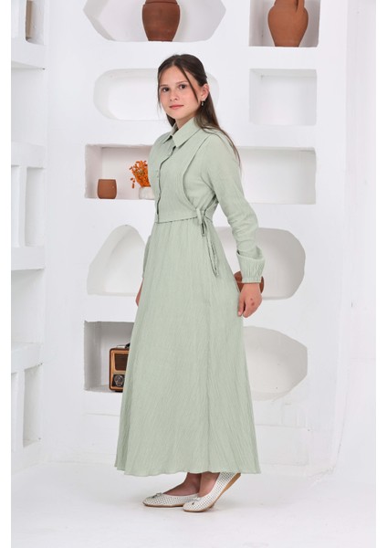 Kız Çocuk Uzun Boy Gofre Kumaş %100 Pamuk Jile & Elbise Iki Parça Takım – Astarlı Zarif SET-4948-ELB-0048