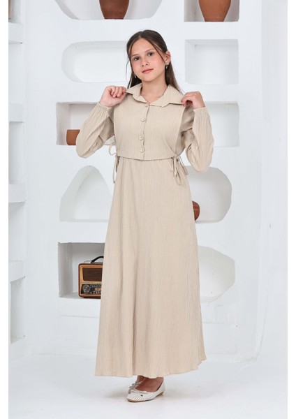 Kız Çocuk Uzun Gofre Kumaş Jile & Elbise Iki Parça Takım Tesettür Elbise – Astarlı Zarif SET-4948-ELB-2048