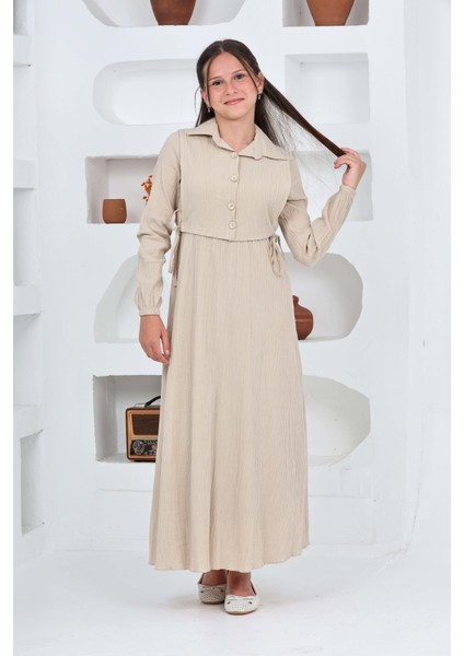 Kız Çocuk Uzun Gofre Kumaş Jile & Elbise Iki Parça Takım Tesettür Elbise – Astarlı Zarif SET-4948-ELB-2048 indirimleri