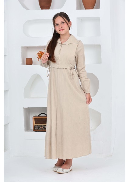 Kız Çocuk Uzun Gofre Kumaş Jile & Elbise Iki Parça Takım Tesettür Elbise – Astarlı Zarif SET-4948-ELB-2048