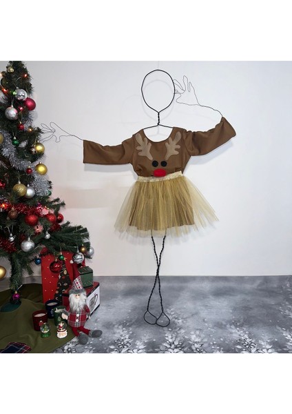 Yılbaşı Temalı Kahverengi Geyik Desenli Şık Etek Üst Takım