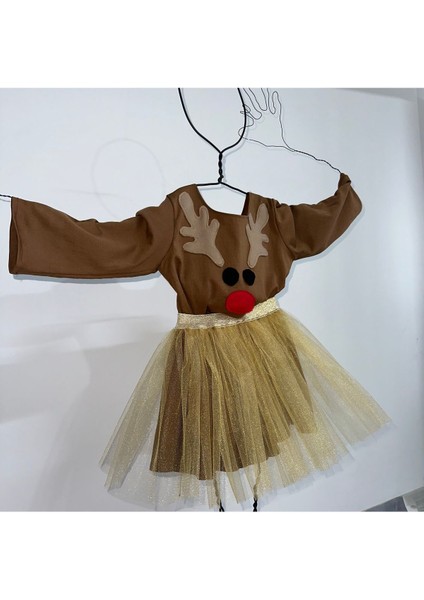 Yılbaşı Temalı Kahverengi Geyik Desenli Şık Etek Üst Takım fiyatları