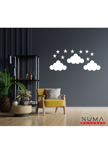 Beyaz Bulut ve Yıldız Dekor Seti, Çocuk Odası, Mdf, 20X12 cm ve 5x5 cm