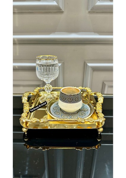 2'li Metal Gold Döküm Çay Kahve Sunum Tepsisi Seti