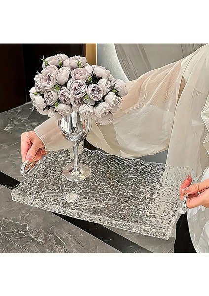 Şeffaf Cam Desenli Ayaklı Dekoratif Akrilik Tepsi 35X23 cm
