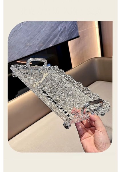 Şeffaf Cam Desenli Ayaklı Dekoratif Akrilik Tepsi 35X23 cm