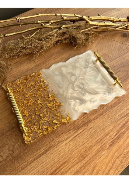 Bej Dalgalı Dikdörtgen Epoksi Sunum Tepsisi, Iki Kişilik Düğün ve Nişan Için