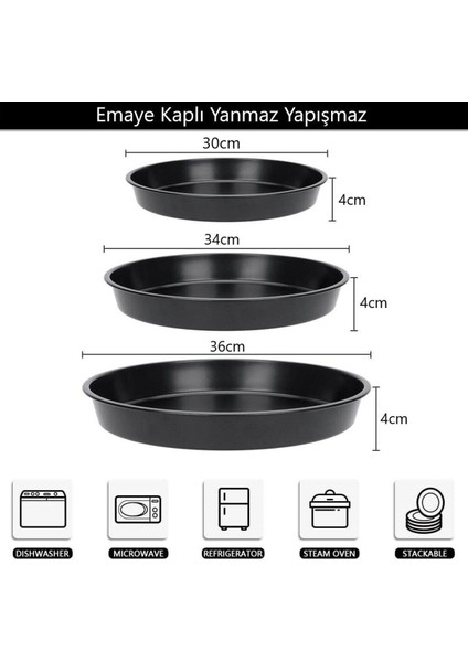 3'lü Emaye Yuvarlak Fırın Tepsi Seti, Siyah, 30-36 cm modelleri