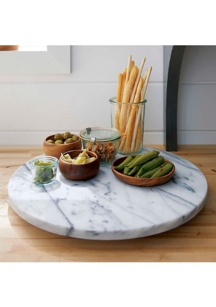 Beyaz Mermer Yuvarlak Sunum ve Servis Tepsisi, Kesim Tablası, Peynir Tabağı