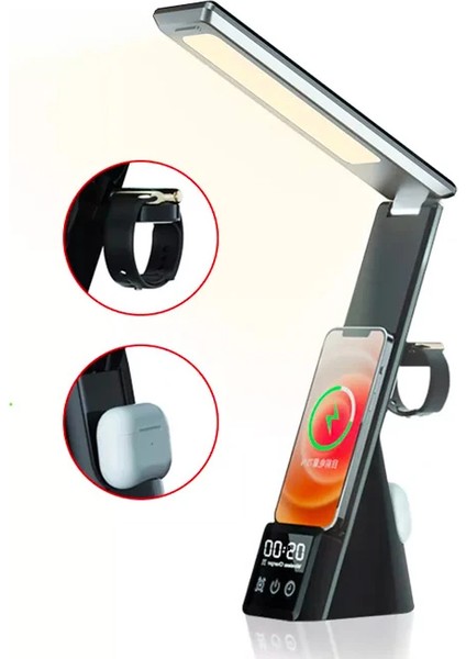 Ally Dijital Saatli 15W Kablosuz Şarjlı LED Işıklı Katlanabilir Masa LAMBASI-(1903) fiyatları