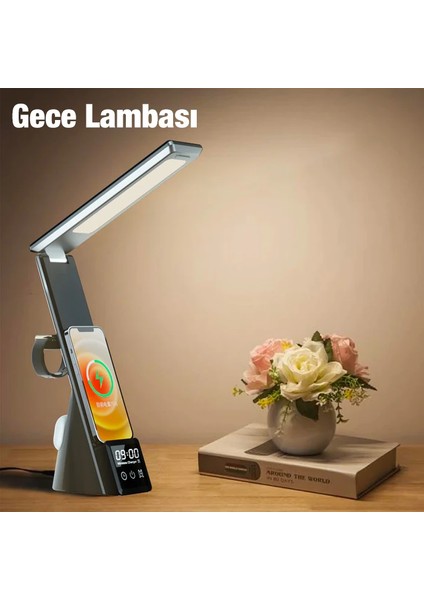 Ally Dijital Saatli 15W Kablosuz Şarjlı LED Işıklı Katlanabilir Masa LAMBASI-(1903) fırsatları