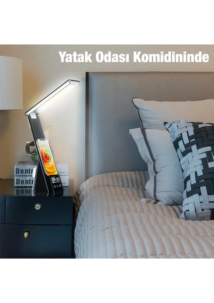 Ally Dijital Saatli 15W Kablosuz Şarjlı LED Işıklı Katlanabilir Masa LAMBASI-(1903) indirimleri