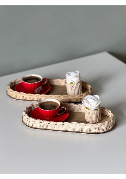 4'lü Rattan Tepsi ve Güllük Seti Kahve Sunumluğu, Siyah, Zarif ve Şık Tasarım