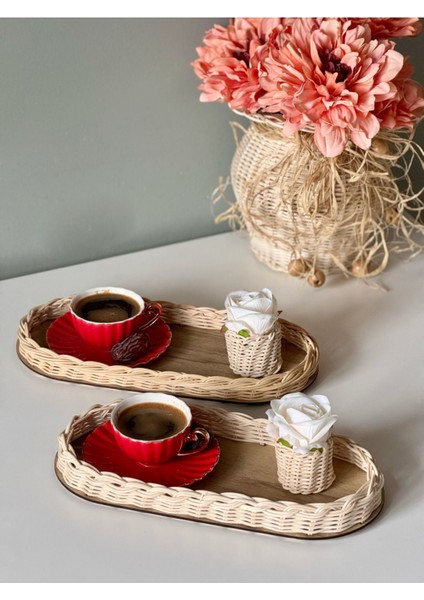 4'lü Rattan Tepsi ve Güllük Seti Kahve Sunumluğu, Siyah, Zarif ve Şık Tasarım fiyatları