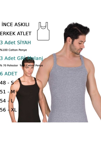 Erkek Ince Askılı Fitilli Slim Fit Kaşkorse Atlet 6 Adet Beyaz Siyah Gri Melanj Renkli modelleri