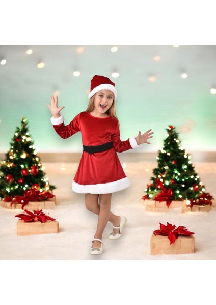 Kız Çocuk Noel Yılbaşı Kıyafeti Kukuleta Italyan Kadife Kırmızı