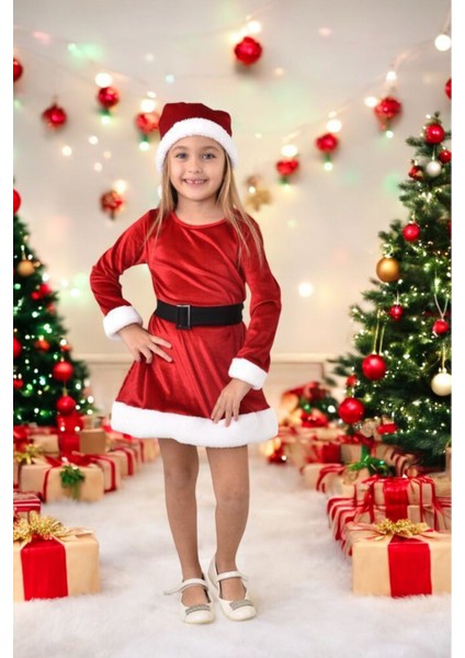 Kız Çocuk Noel Yılbaşı Kıyafeti Kukuleta Italyan Kadife Kırmızı modelleri