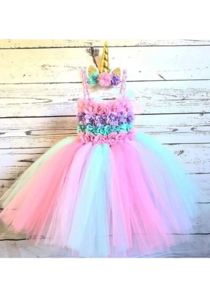 Renkli Unicorn Kostüm Seti, Elbise, Taç, Bileklik, Hediye, Doğum Günü Şıklığı