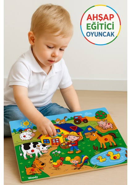9 Parça Ahşap Raptiyeli Çiftlik Puzzle – 40X30 cm Eğitici Bultak Oyunu