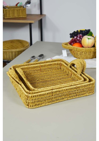 3'lü Kare Servis Tepsi Seti, Bej, Kulplu, Şık ve Kullanışlı Tasarım