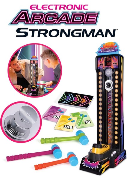 Sesli Elektronik Strongman Çekiç Oyunu 50 cm - 4 Modlu, Skor Göstergeli, 3 Çekiçli Arcade