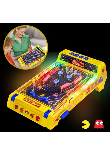 Pac-Man™ LED Işıklı Sesli Masaüstü Pinball – Elektronik Skorlu Retro Oyun Makinesi (28X14X41 Cm)