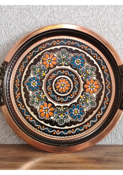 El Boyaması Bakır Tepsi, Renkli Kahve Sunumu, Şık ve Zarif Tasarım