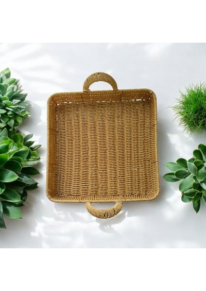 Büyük Boy Kare Sunum Dekor Rattan Tepsi 33X33 Cm, Şık ve Kullanışlı Tasarım