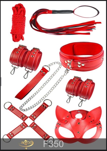 Kırmızı Kadın Kelepçe, Maske ve Kırbaç Seti, Şık ve Özel Tasarım Ürün.